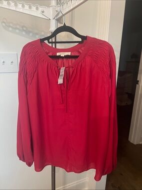 LOFT Fuschia Smocked Yoke Long Sleeve Blouse size large